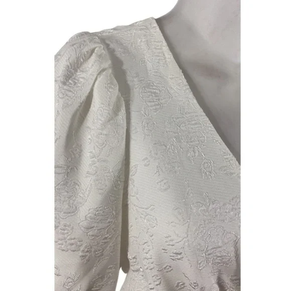 Lulu’s Still Dreaming White Jacquard Puff Sleeve Mini Wrap Dress OO16 - Picture 7 of 11